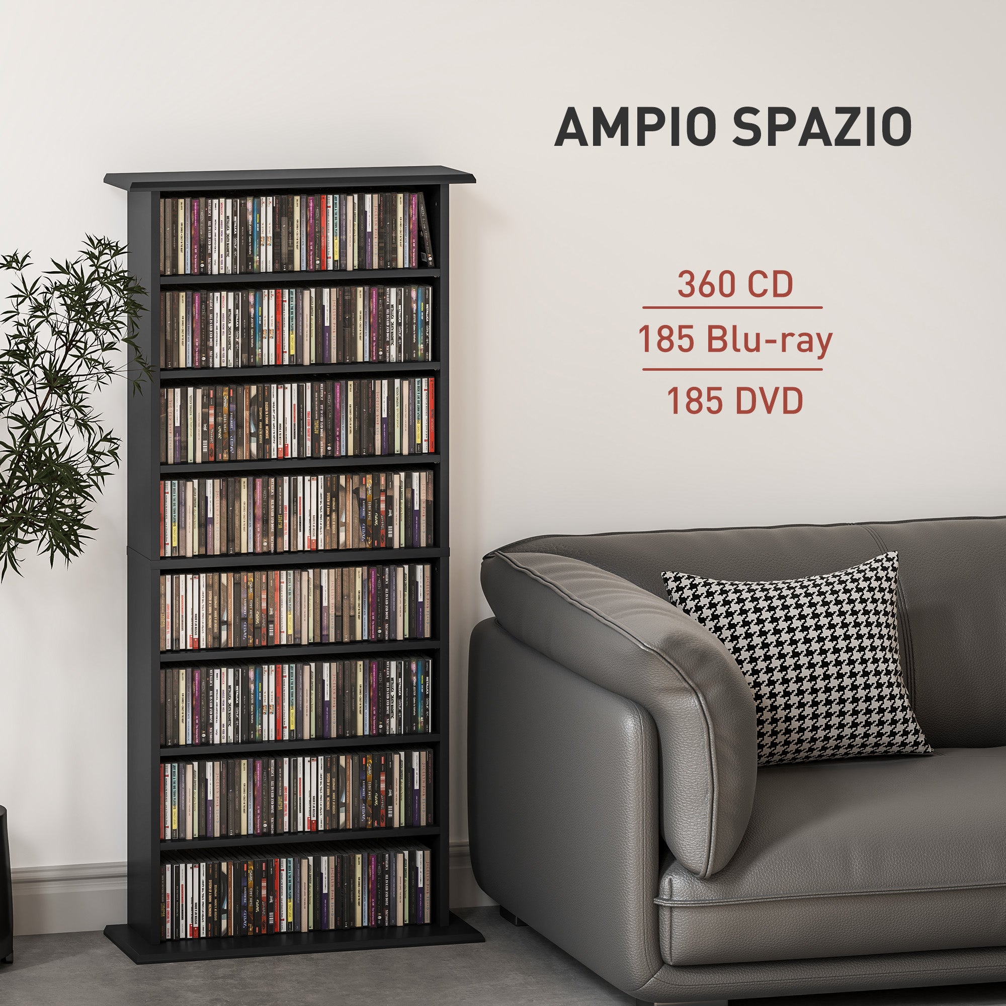 CD Rack with 6 Adjustable Shelves, 360 CDs/185 DVDs Capacity, 58x24x124.5 cm, Black