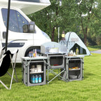 Folding Camping Kitchen with 5 Internal Shelves and 4 Hooks, 172x48x119 cm, Grey and Silver