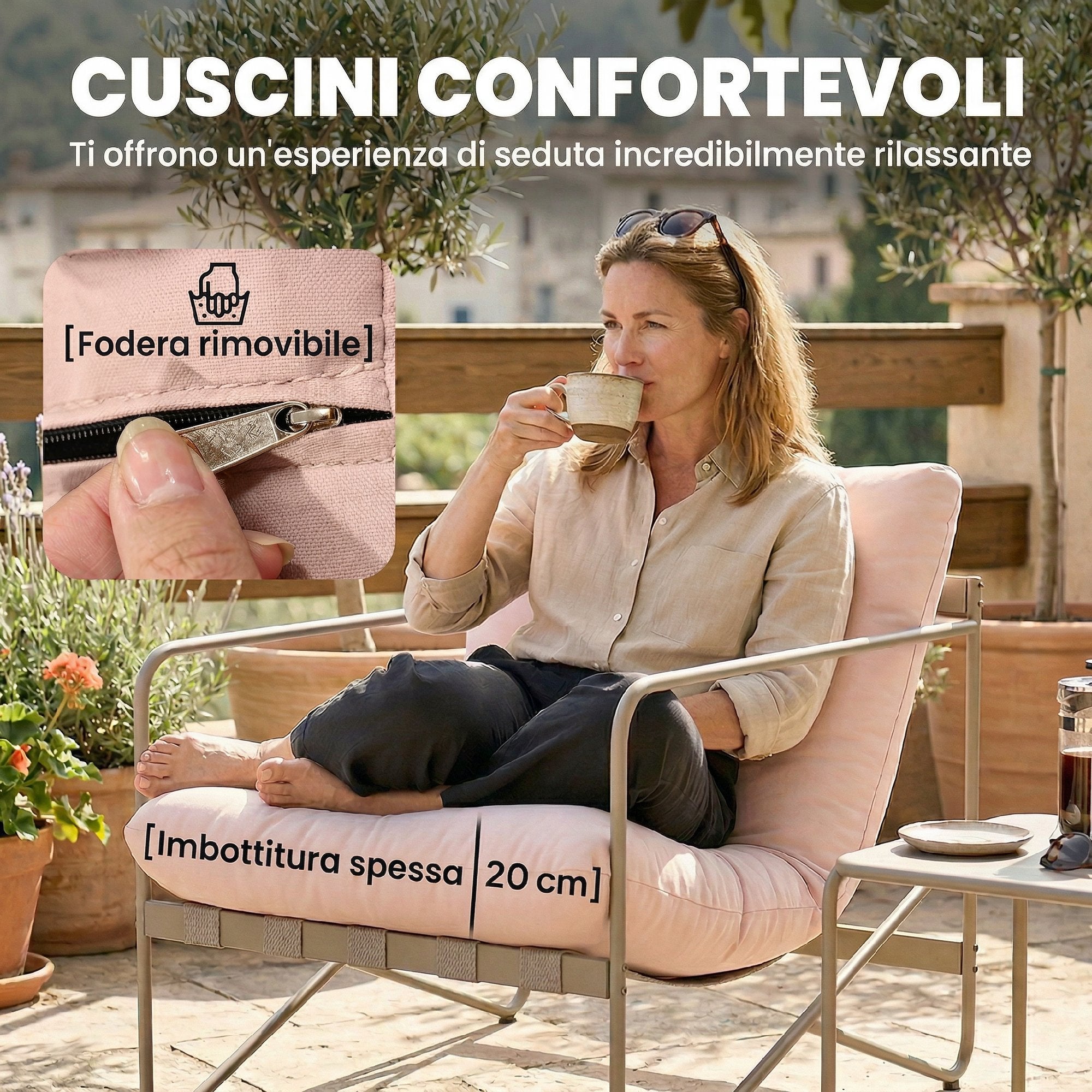 Outsunny 4-Person Garden Set: Sofa, Armchairs, Table, Metal, Pink