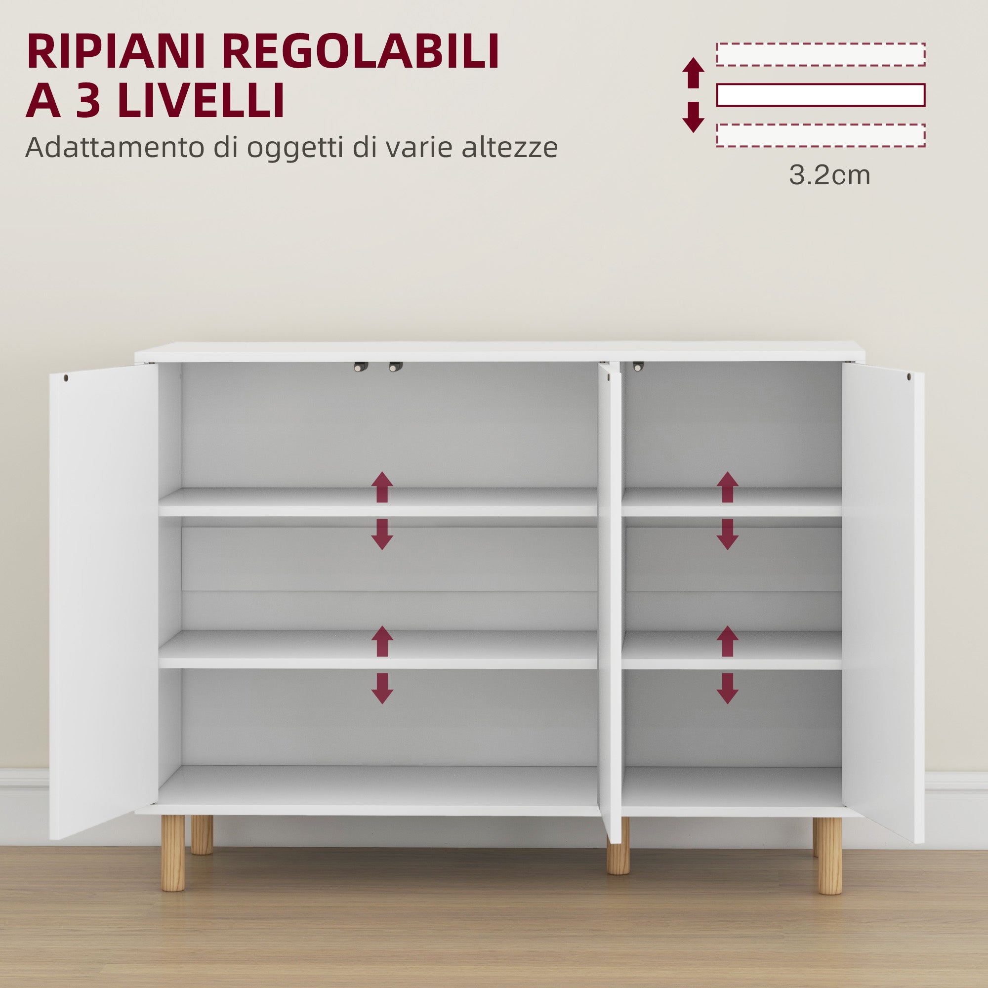 Modern Sideboard with 2 Cabinets and 3 Shelves in Wood, 107x40x80 cm, White