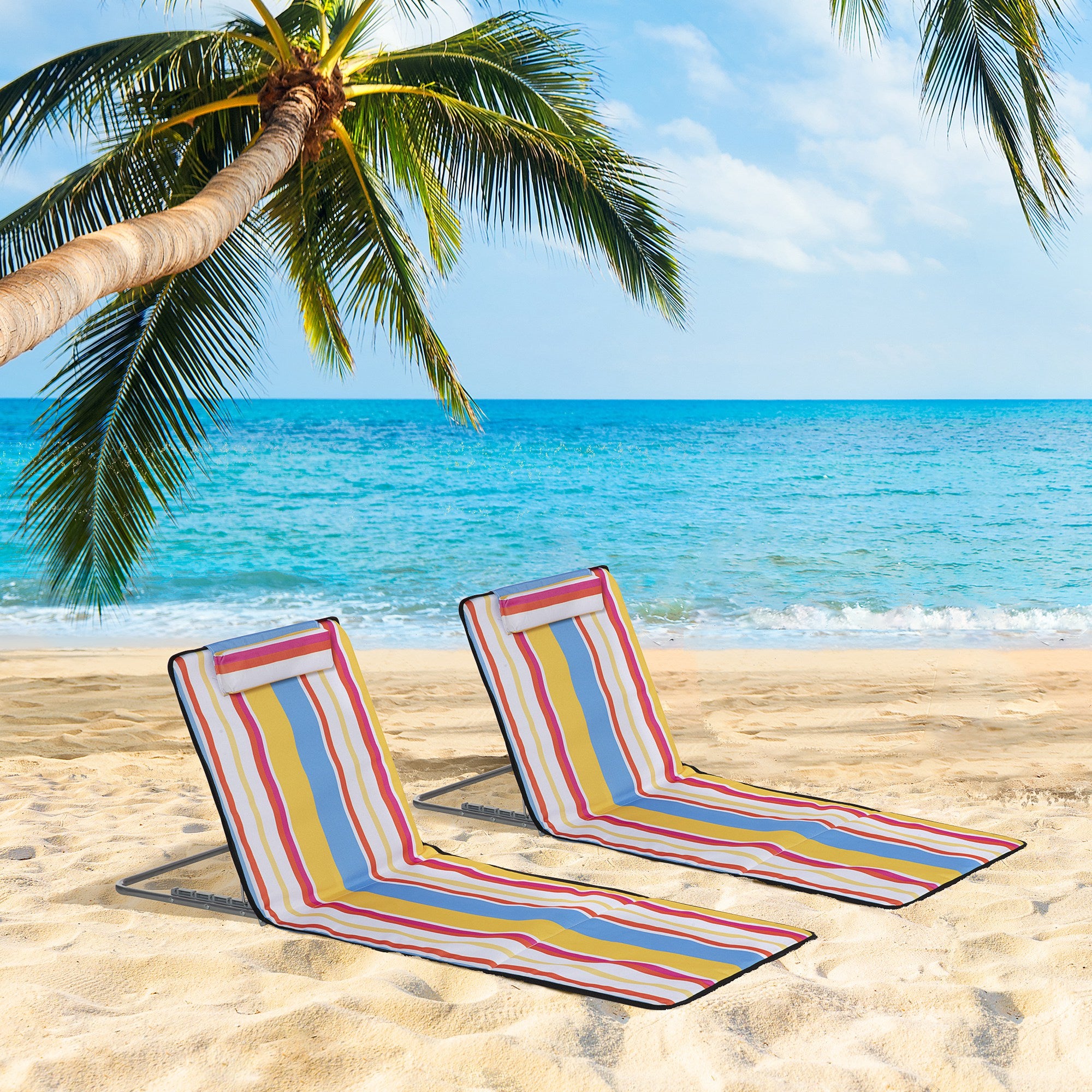 Set of 2 Folding Beach Chairs with Adjustable Backrest and Headrest, 53x124x35-45 cm, Multicolor
