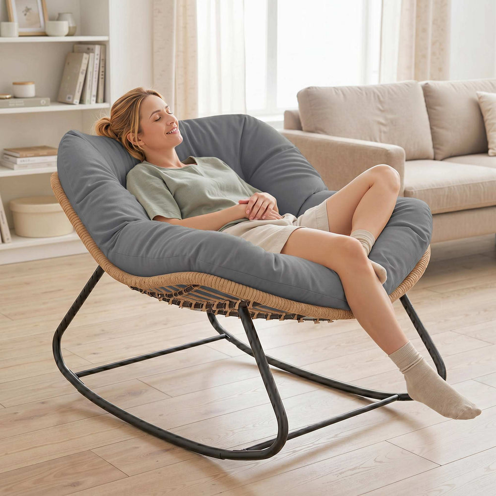 Indoor/Outdoor Rocking Chair with Extra-Wide 60cm Seat and Padded Cushion, Grey