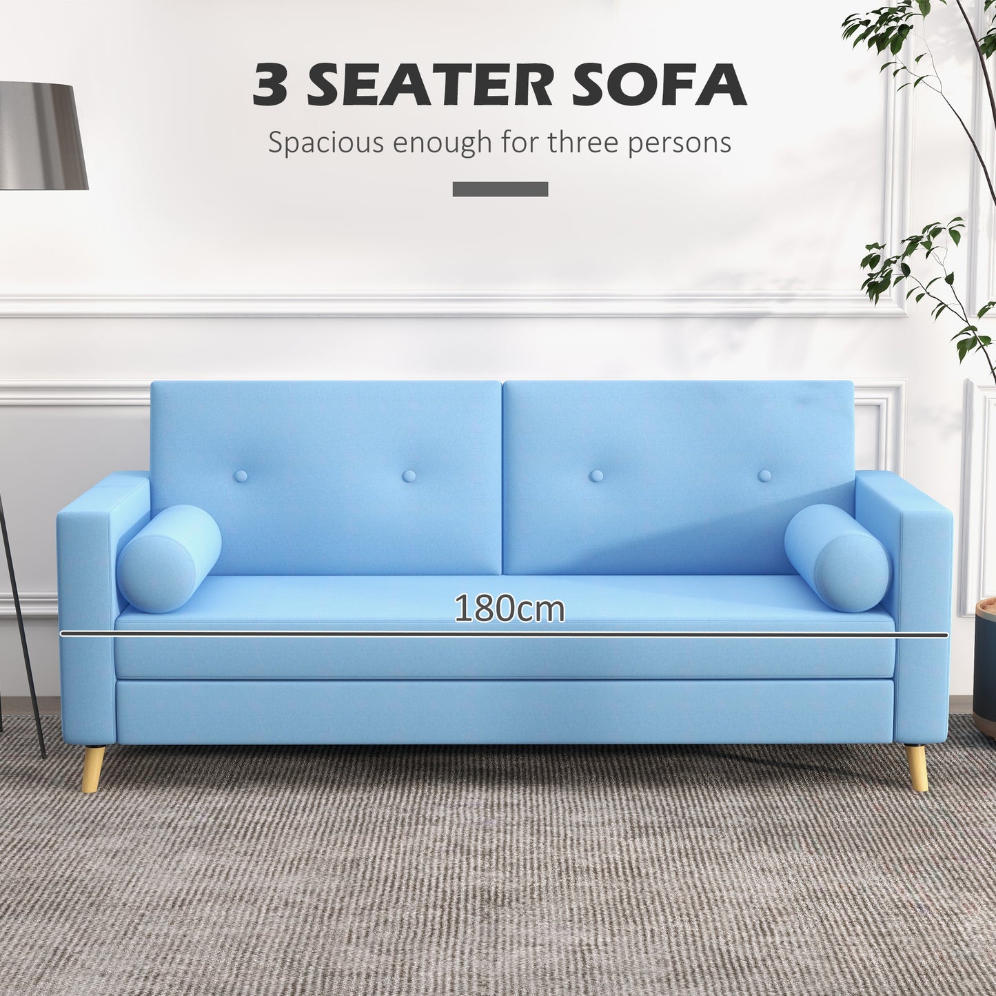 NUVOLA - 3 Seater Fabric Sofa with 2 Cylinder Cushions, 180x81x83cm, Blue