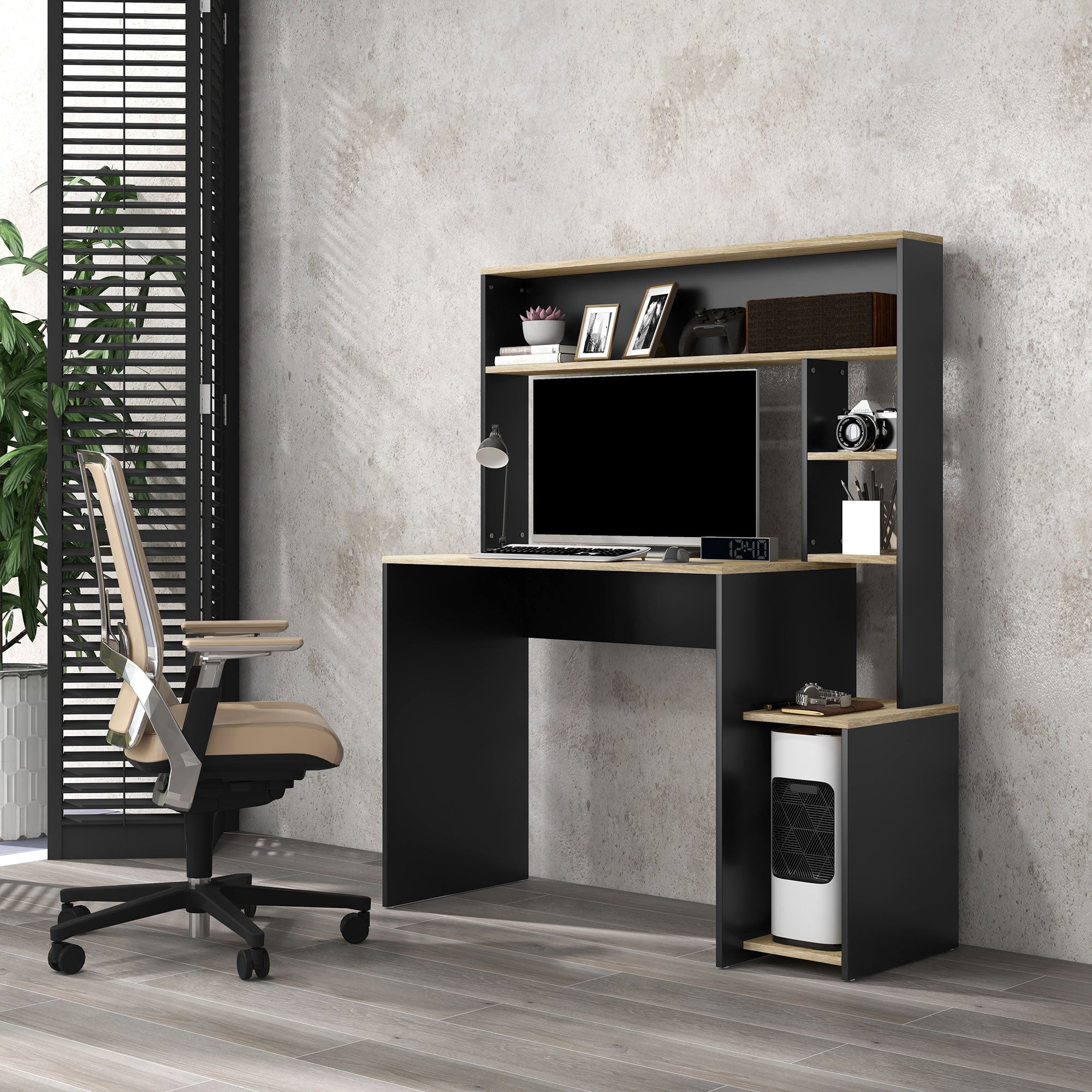 HOMCOM Modern Desk with Shelves and Wooden CPU Support, 114x45x138cm, Gray and Natural Wood - Borgè