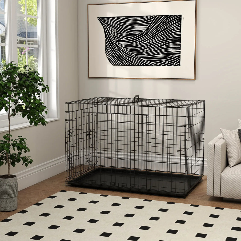 Pet Cage Foldable Steel Double Opening Dog and Cat Carrier, 121x77x82cm, Black - Borge' Group Limited