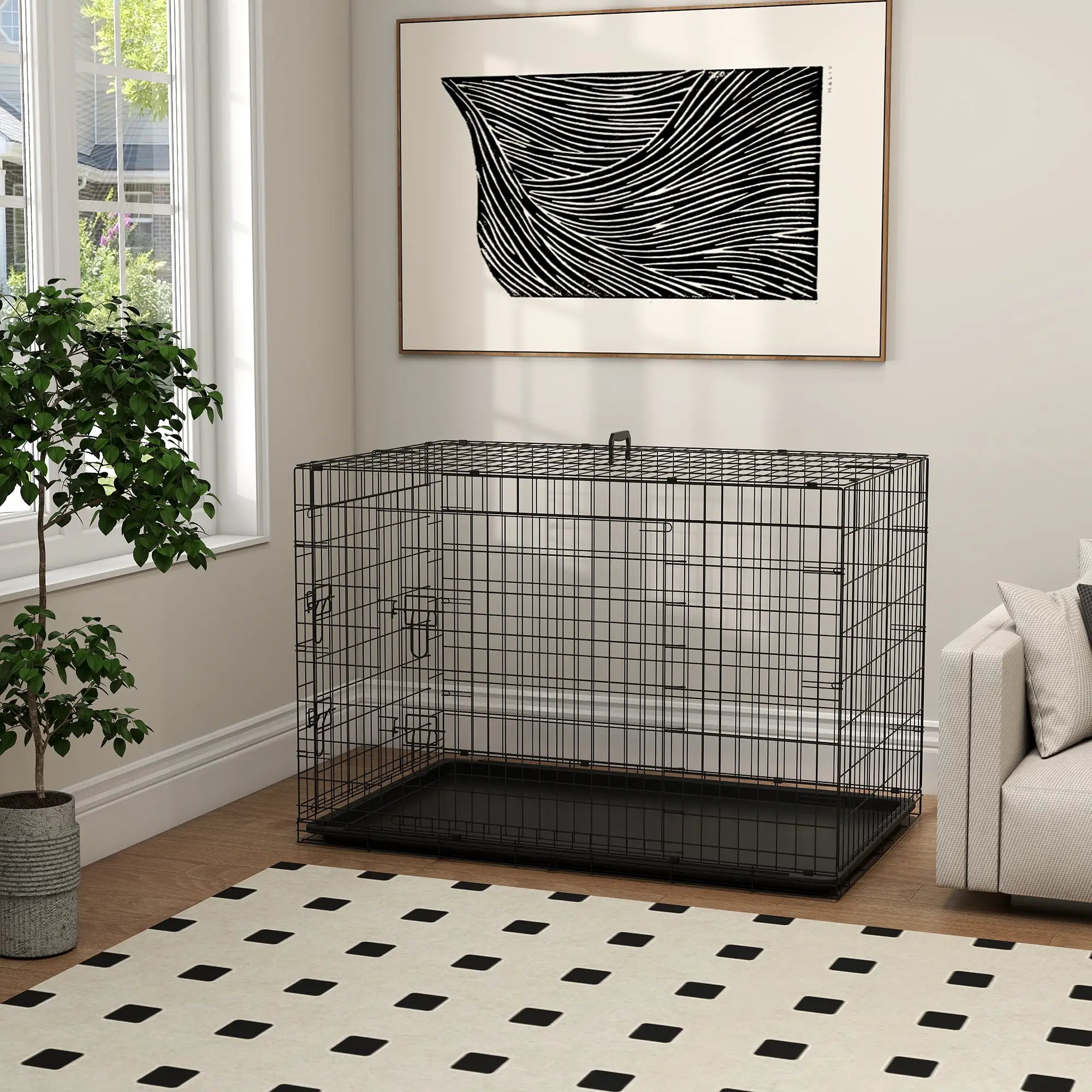 Pet Cage Foldable Steel Double Opening Dog and Cat Carrier, 121x77x82cm, Black - Borge' Group Limited