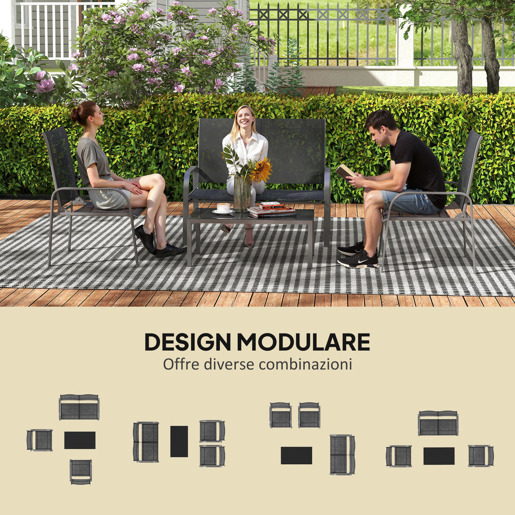 4-Piece Outdoor Set with Coffee Table, 2 Chairs and Sofa with Adjustable Backrest, in Steel and Black Textilene