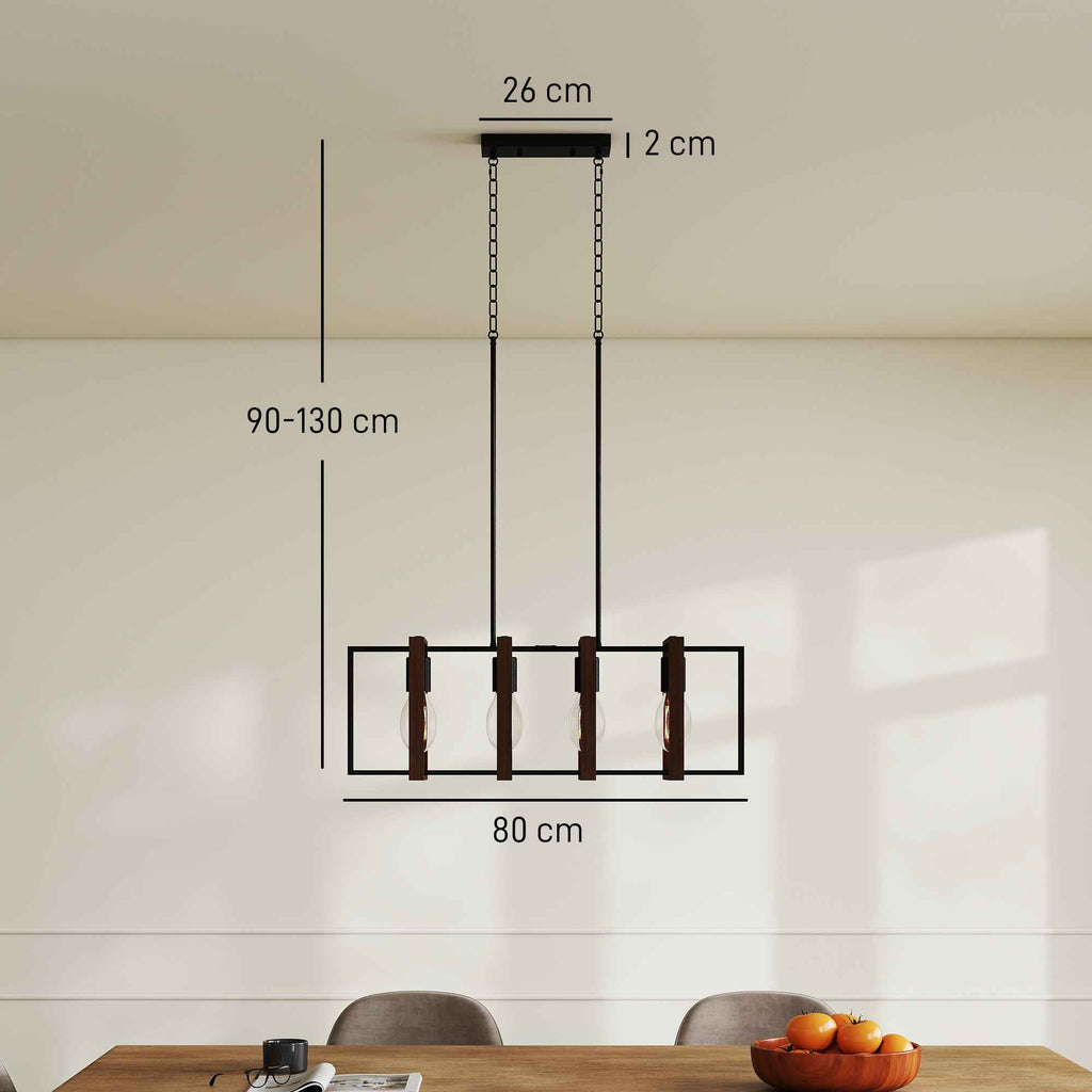HOMCOM Rustic Pendant Light with 4 Rotatable Frames and Adjustable Chain, 80x21x90-130 cm, Black and Brown