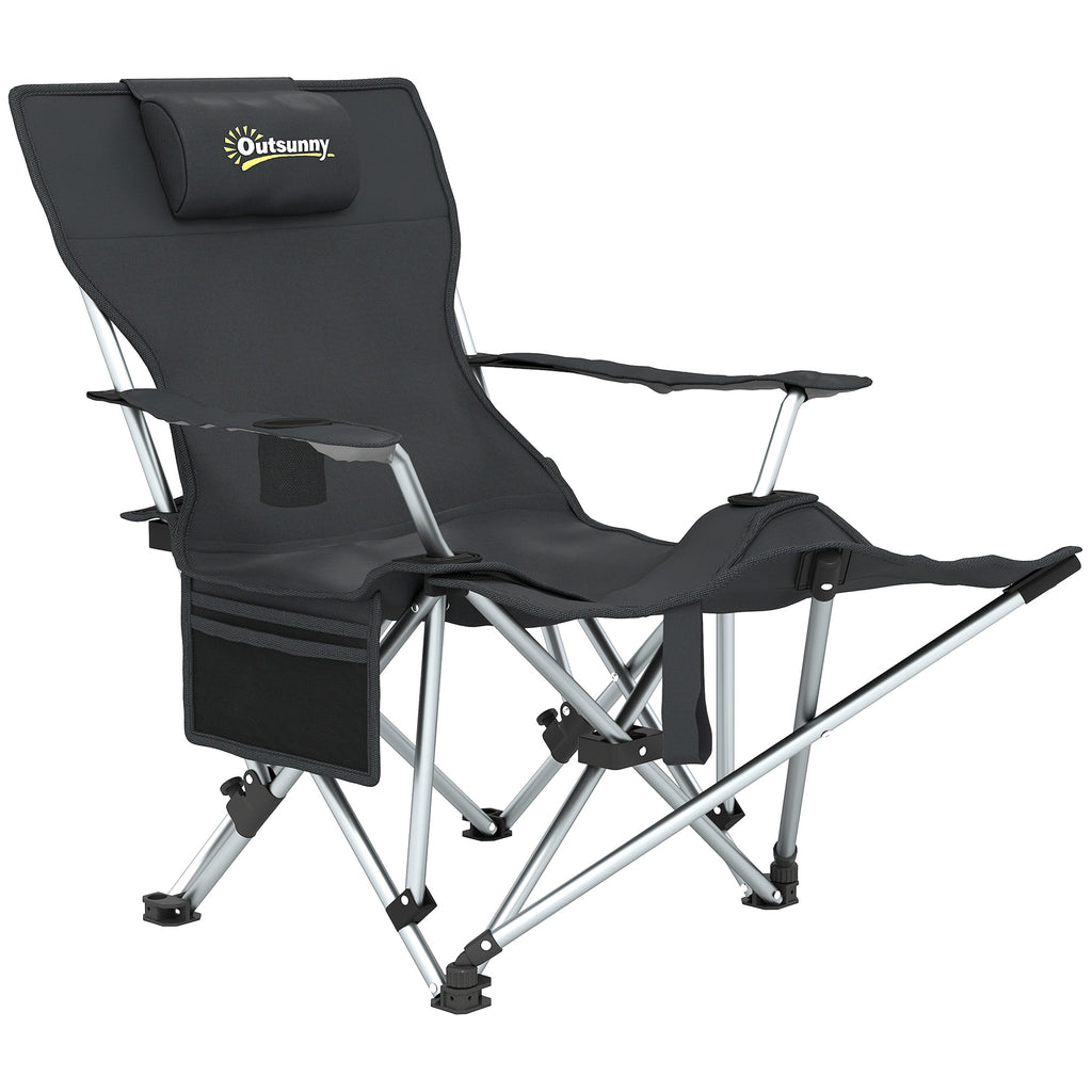 Folding and Reclining Camping Chair with Removable Footrest, Headrest and Cup Holder, Black