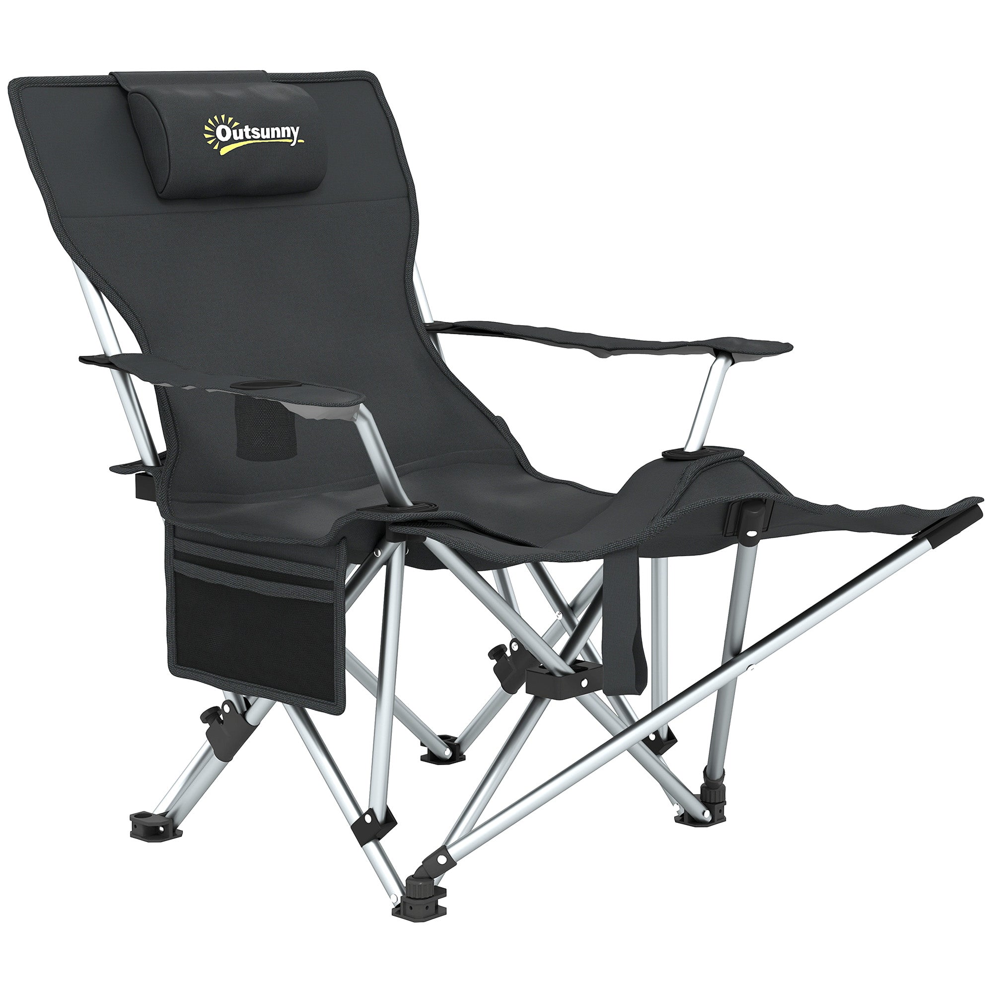Folding and Reclining Camping Chair with Removable Footrest, Headrest and Cup Holder, Black