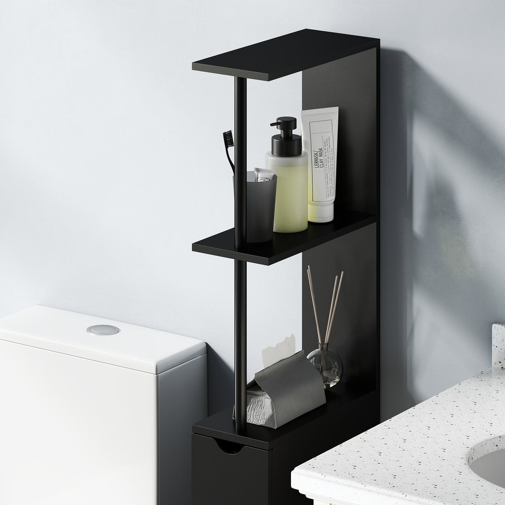 Space-Saving Wooden Column Unit with Shelves, Cabinet and Drawers, Black, 15x33x136cm