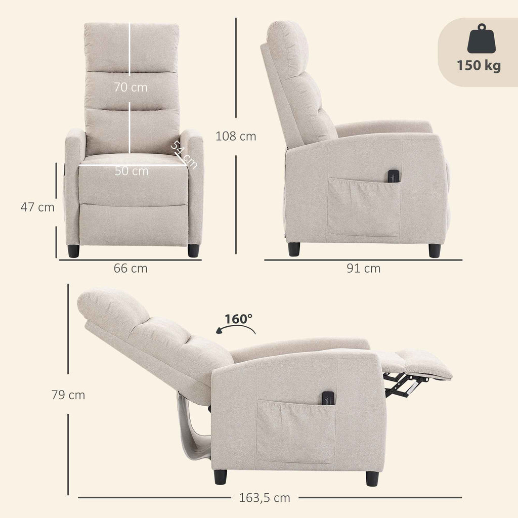 HOMCOM 160° Reclining Massage Chair with Footrest and Remote Control, 66x91x108 cm, Cream White Chenille