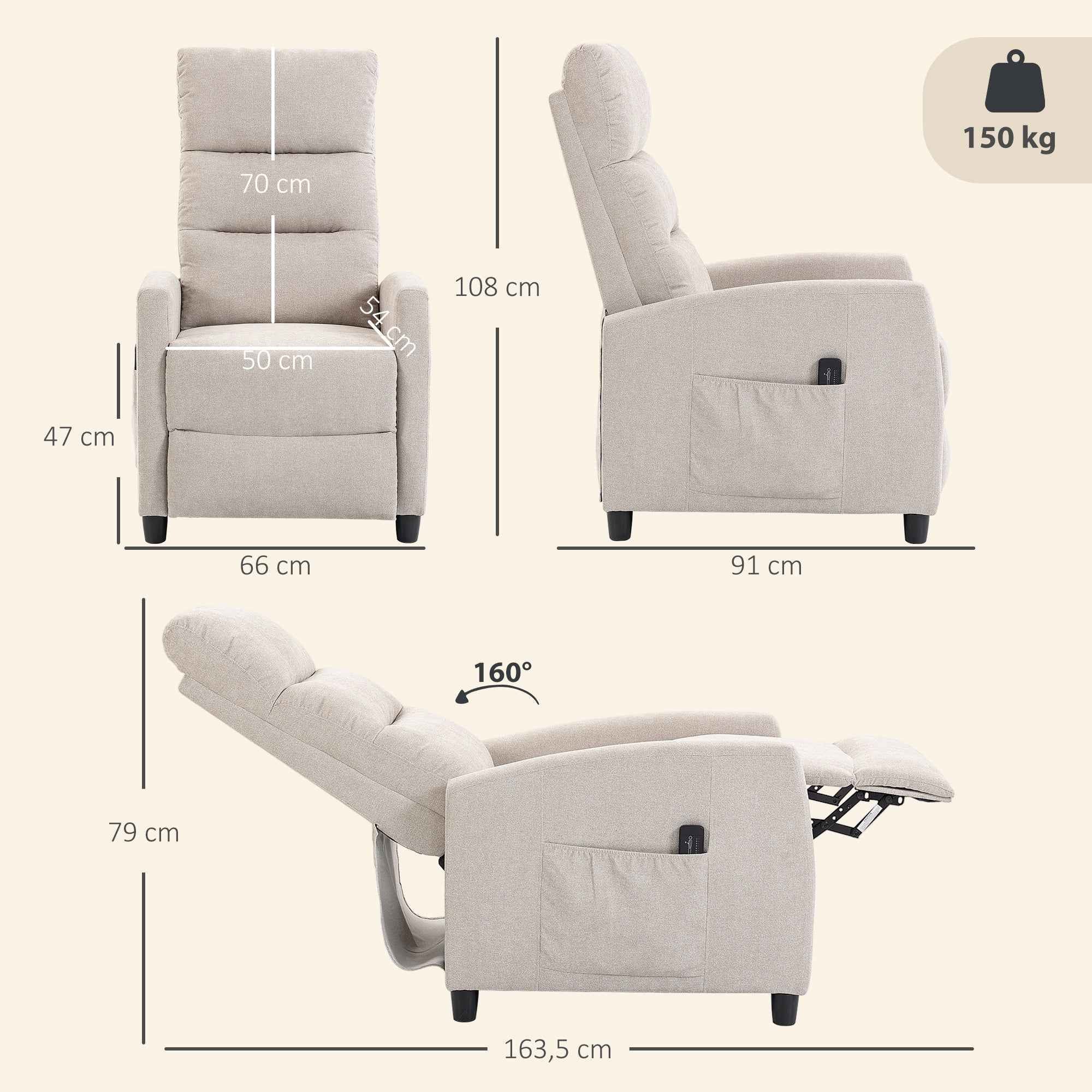HOMCOM 160° Reclining Massage Chair with Footrest and Remote Control, 66x91x108 cm, Cream White Chenille