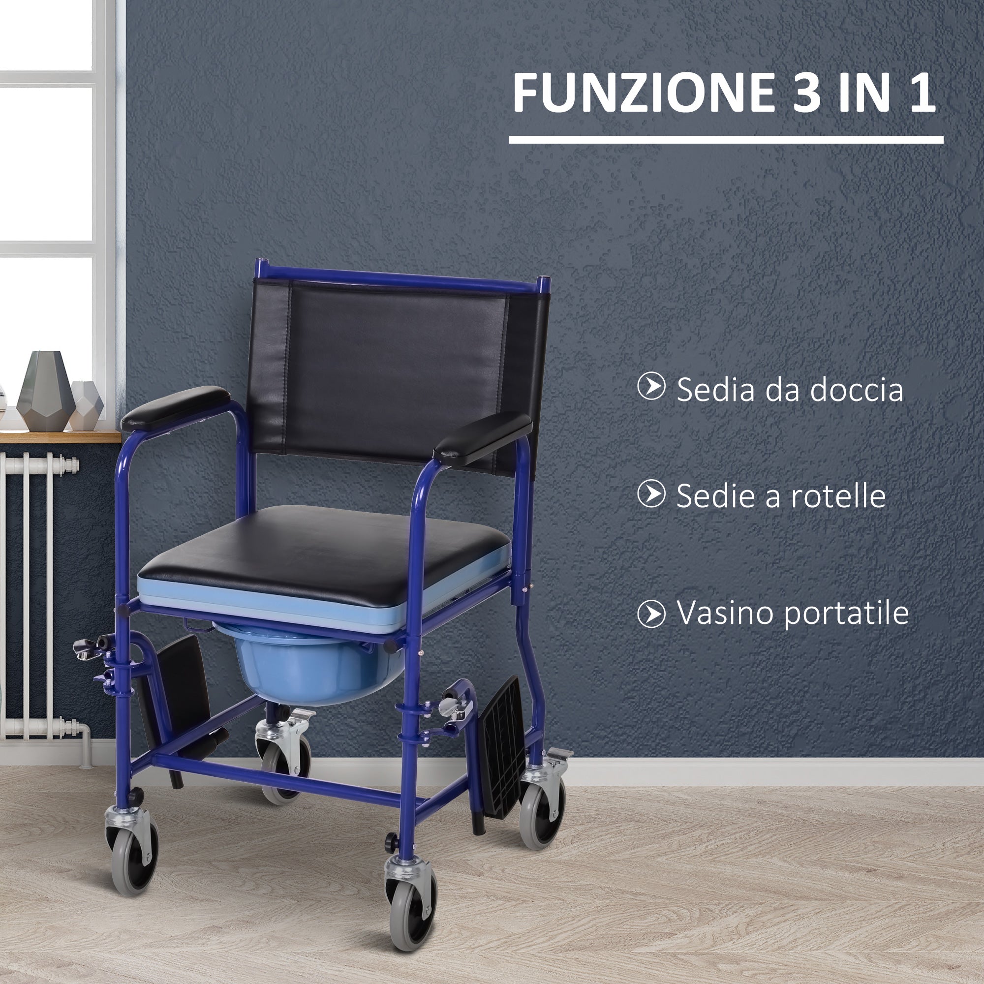 Bathroom Wheelchair with Removable Toilet Seat in Iron Pipe and PVC 87 x 57 x 92cm