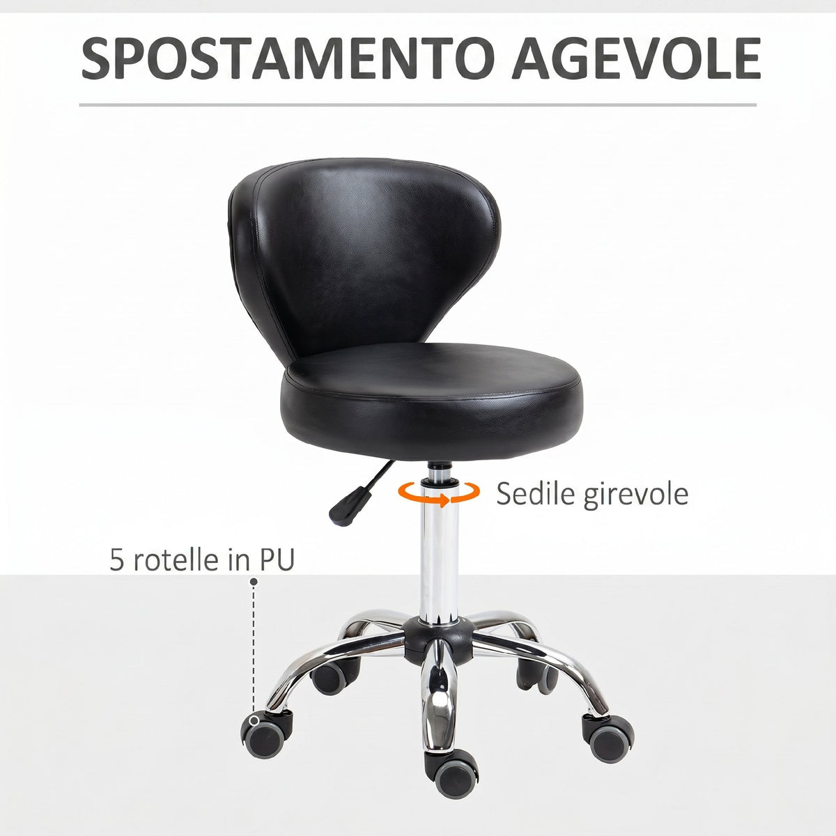 HOMCOM 360° Swivel Stool, Adjustable Stool with Backrest, Steel, Faux Leather, Black