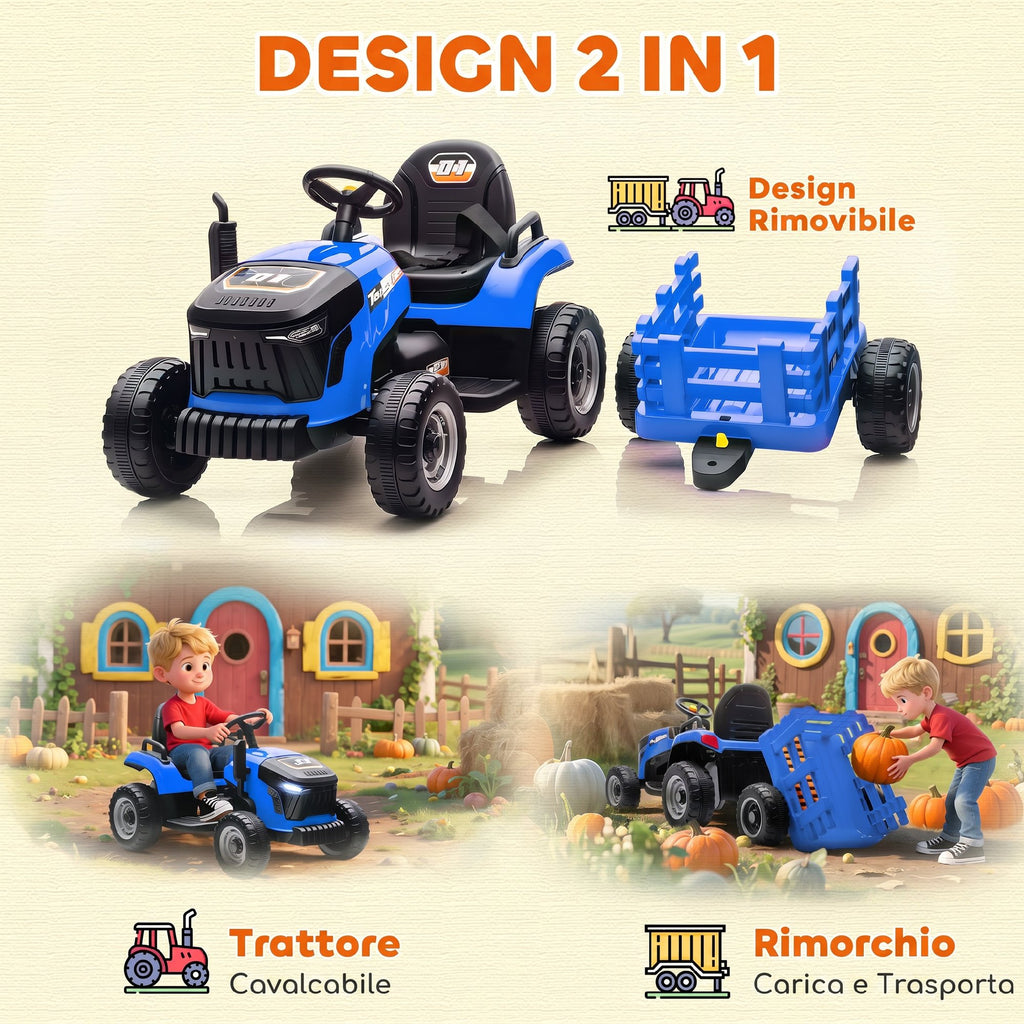 AIYAPLAY 2 in 1 Electric Tractor for Kids Ages 3-8 with Detachable Trailer, Remote Control, Music, Lights, Blue