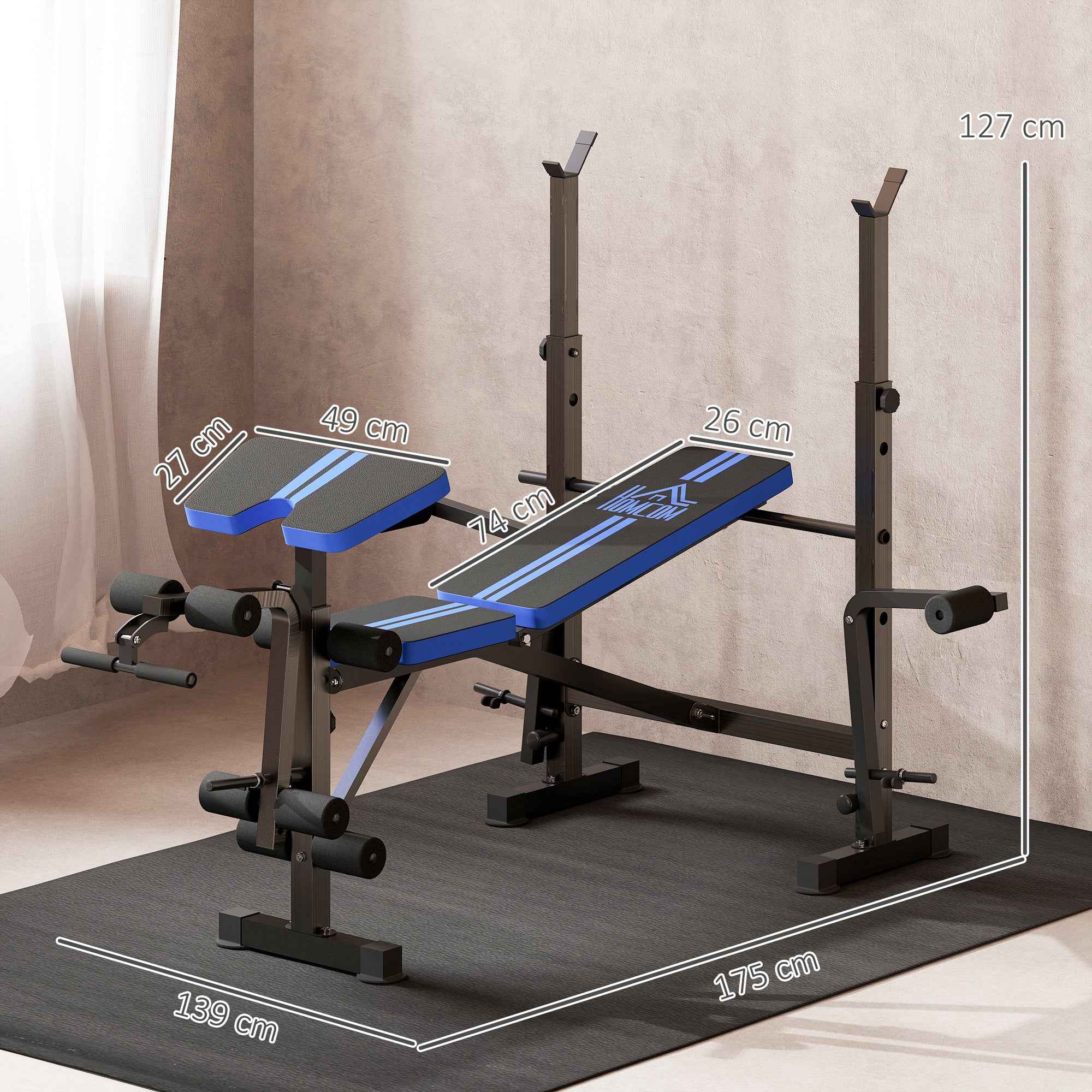 Multipurpose Bench with Barbell Support and Adjustable Backrest, Steel and Plastic, 175x139x127 cm, Black and Blue