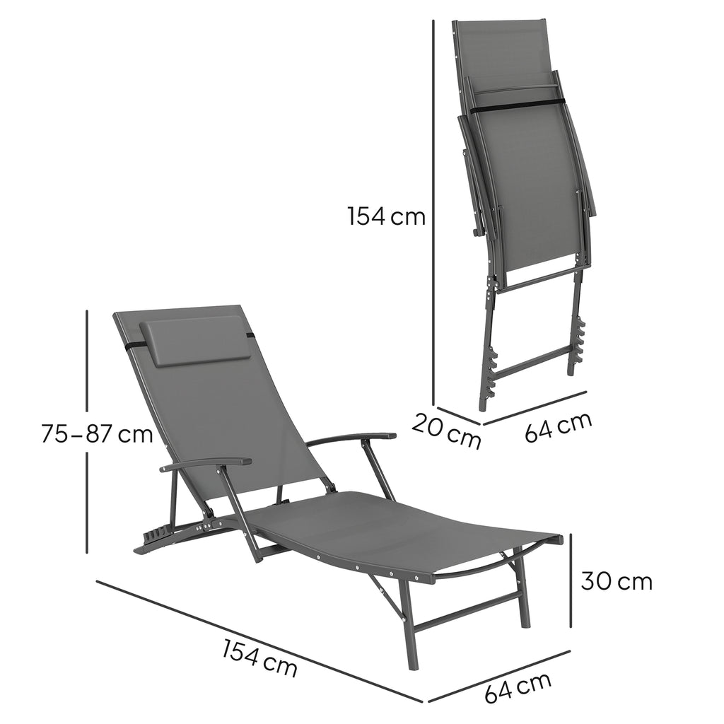 Set of 2 Folding Garden Deckchairs with 4-Level Adjustable Backrest and Cushion, Gray
