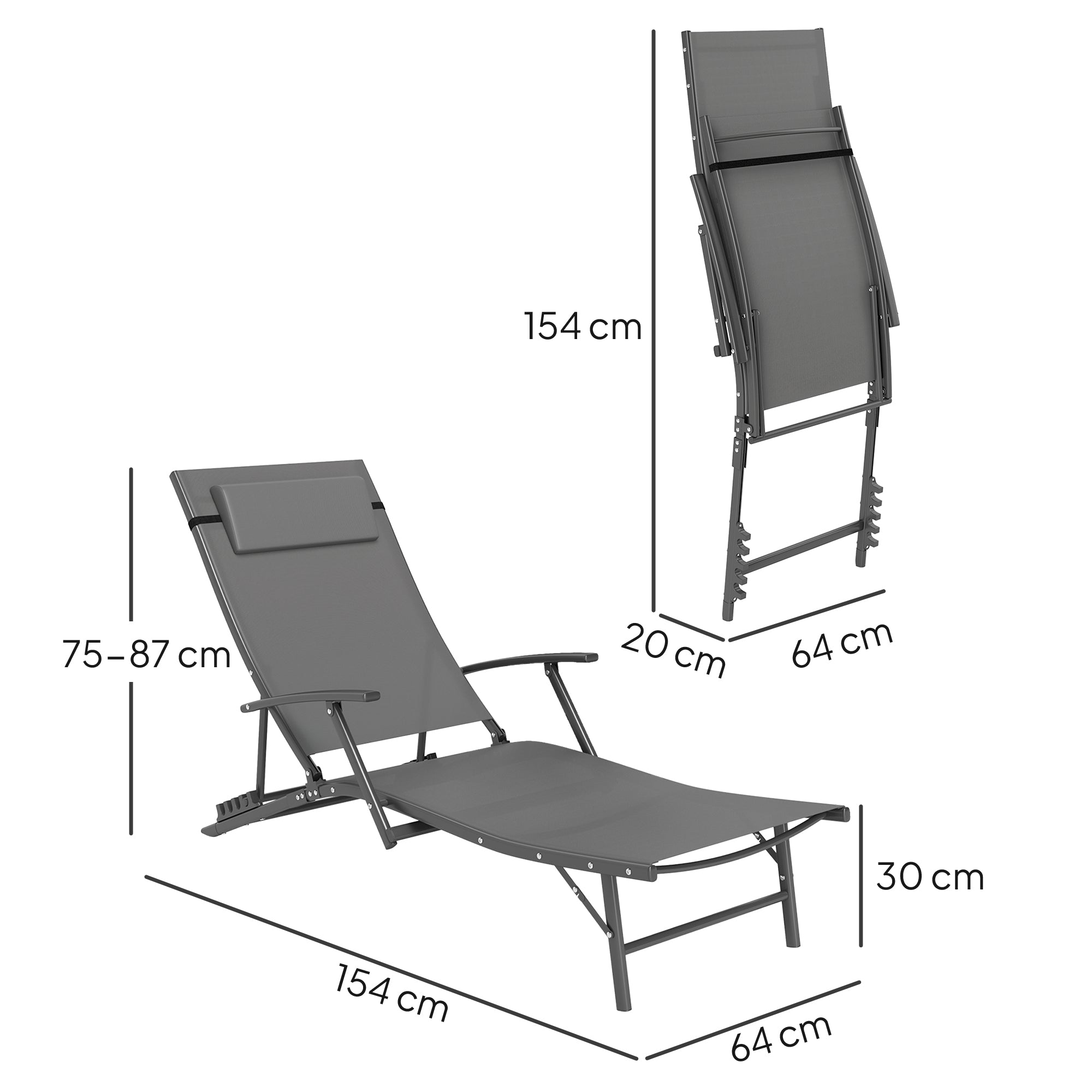 Set of 2 Folding Garden Deckchairs with 4-Level Adjustable Backrest and Cushion, Gray