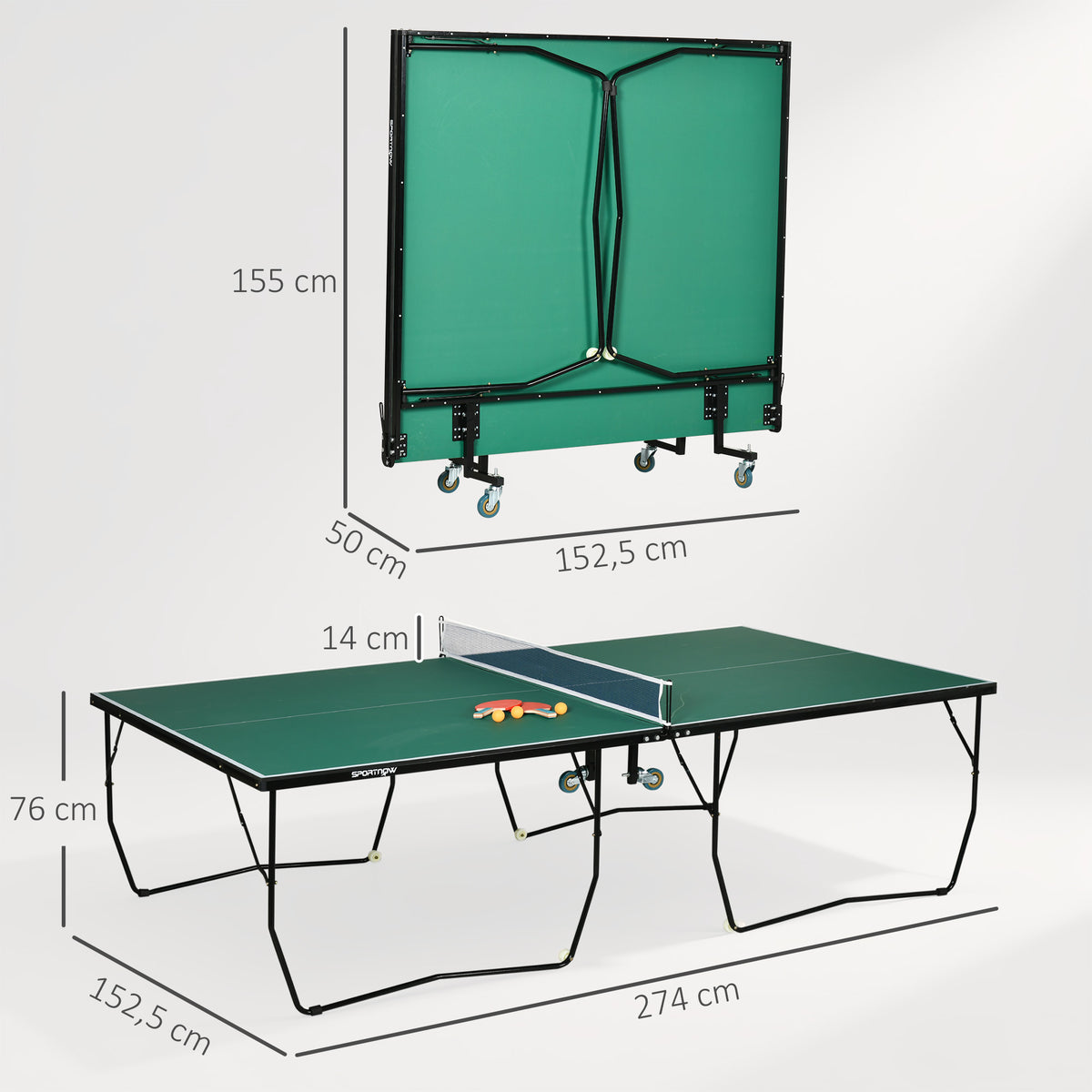 SPORTNOW Folding Ping Pong Table with 8 Wheels, 2 Bats, Balls and Net, 274x152.5x72 cm