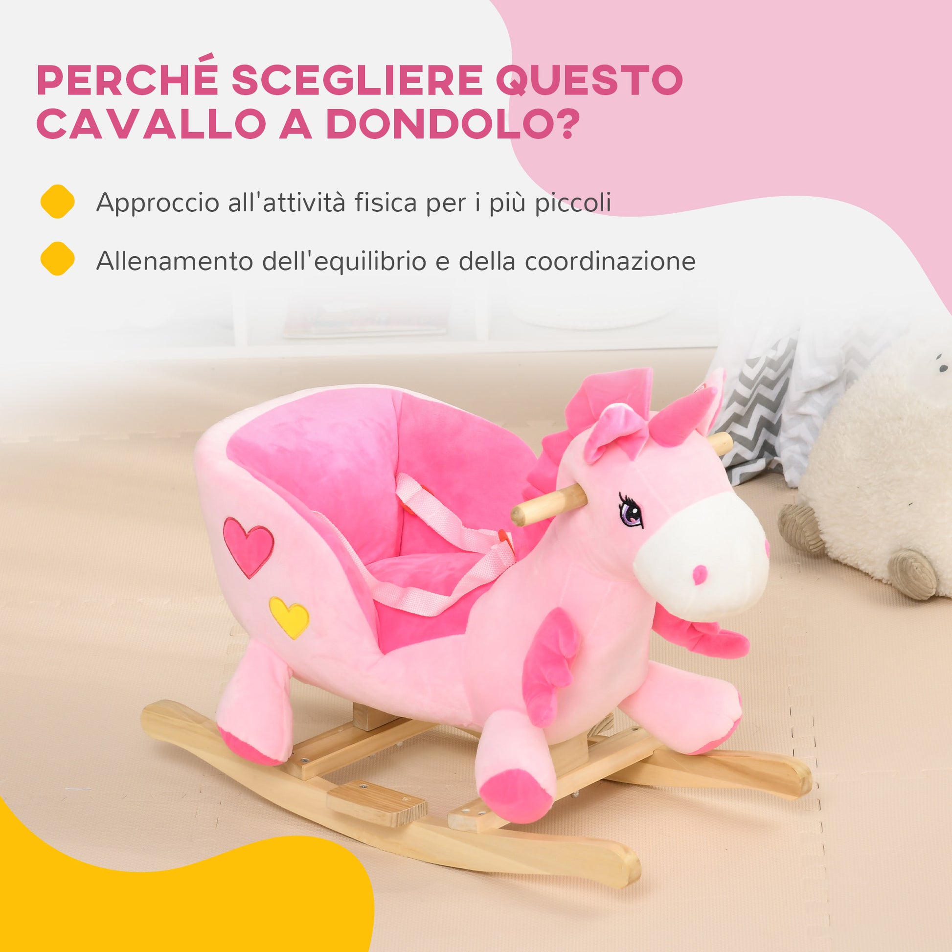 Unicorn Rocking Horse with 32 Songs, Wooden Base and Safety Belt, Age 18-36 Months, Pink - Borgè