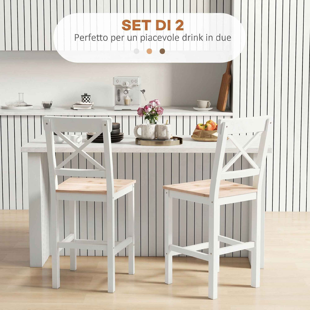 HOMCOM Set of 2 Bar Stools, High Back Kitchen Stools with Footrest, Pine Wood, Natural and White
