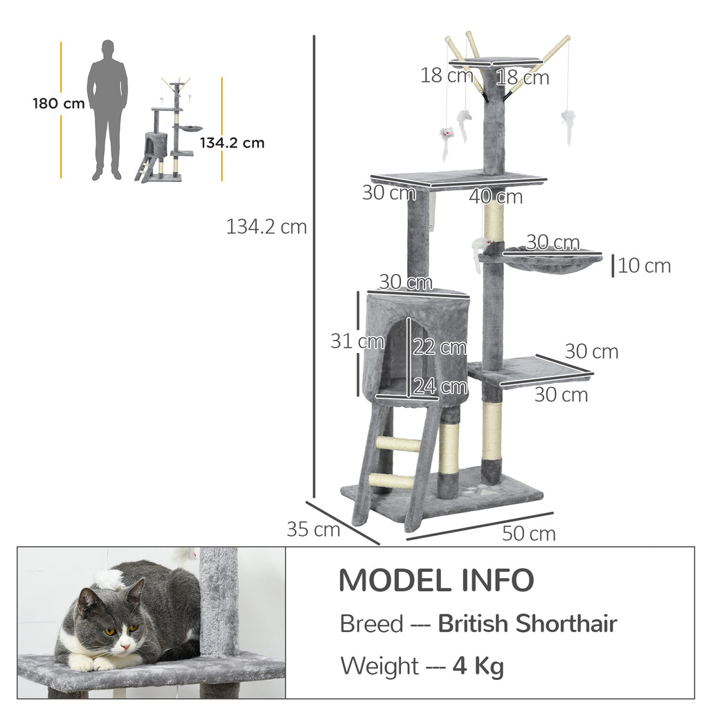 Cat Tower with House, Perch, Platforms and 4 Mice, Made of Wood, Plush and Sisal, 50x35x134.2 cm, Grey