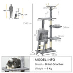 Cat Tower with House, Perch, Platforms and 4 Mice, Made of Wood, Plush and Sisal, 50x35x134.2 cm, Grey