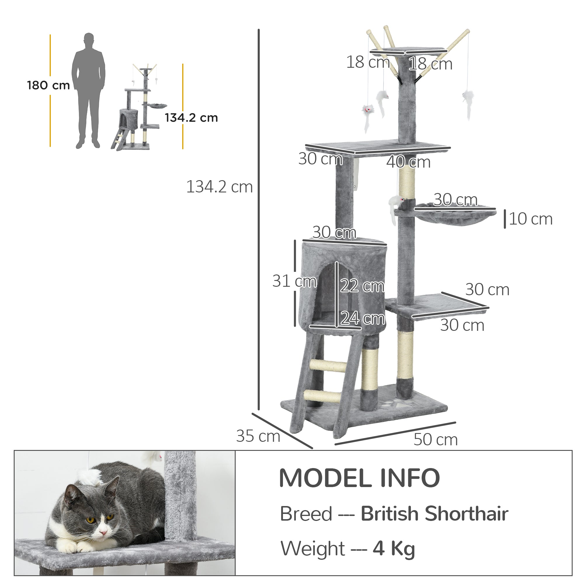 Cat Tower with House, Perch, Platforms and 4 Mice, Made of Wood, Plush and Sisal, 50x35x134.2 cm, Grey