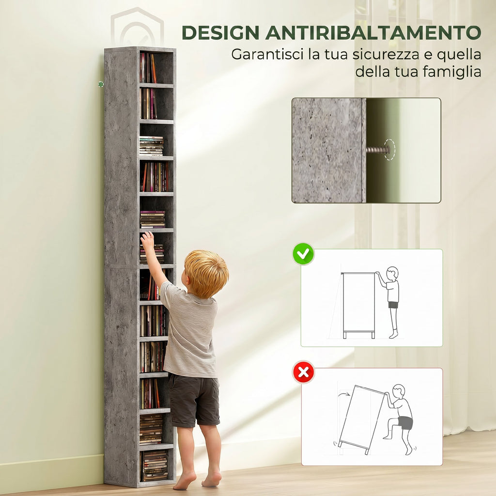 HOMCOM 12-Tier CD Storage Cabinet for 204 CDs, MDF and Chipboard, 21x20x175 cm, Grey