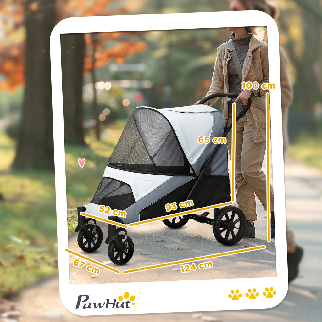 Large Dog Stroller Foldable with Mesh Windows, Cushion and Leashes, 124x67x100 cm, Grey