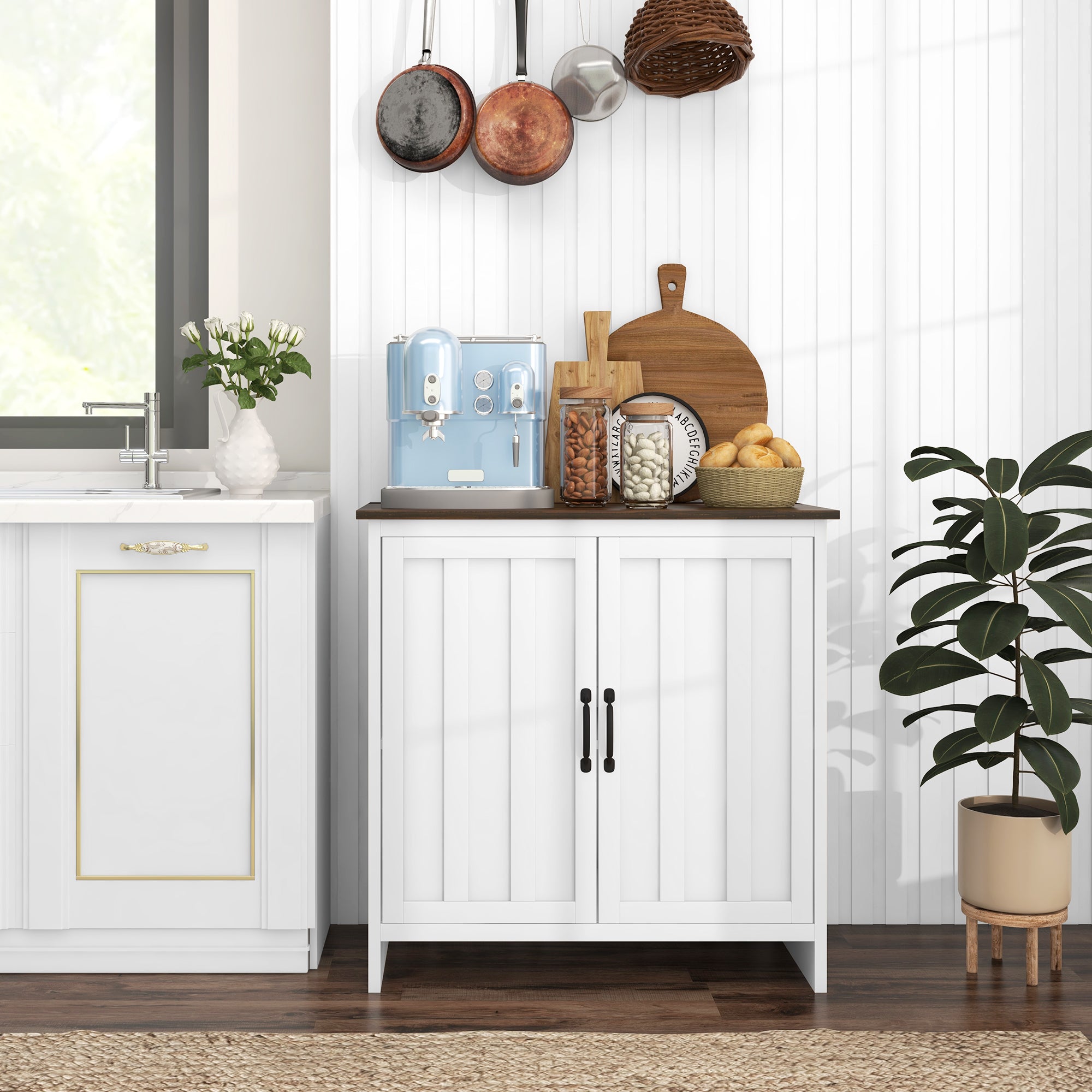 Modern 2-Door Kitchen Sideboard with Adjustable Wooden Shelf, 80x39.7x80cm, White