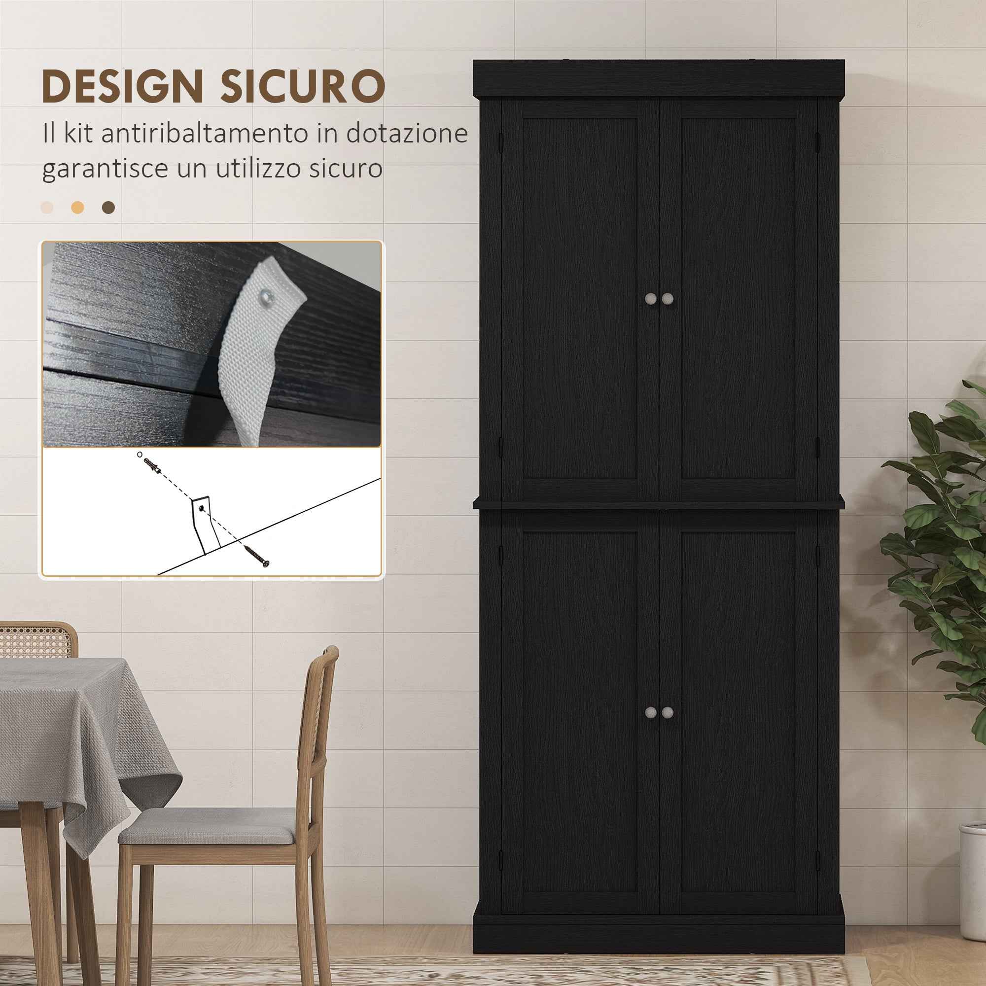HOMCOM Tall Kitchen Cabinet with 6 Adjustable Shelves and 4 Wooden Doors, 76x40.5x184 cm, Black
