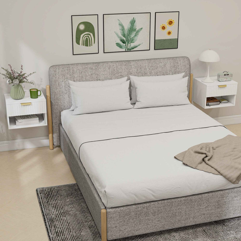 HOMCOM Set of 2 Floating Nightstands with Grooved Panels, Drawer and Shelf, 40x34x29 cm, White