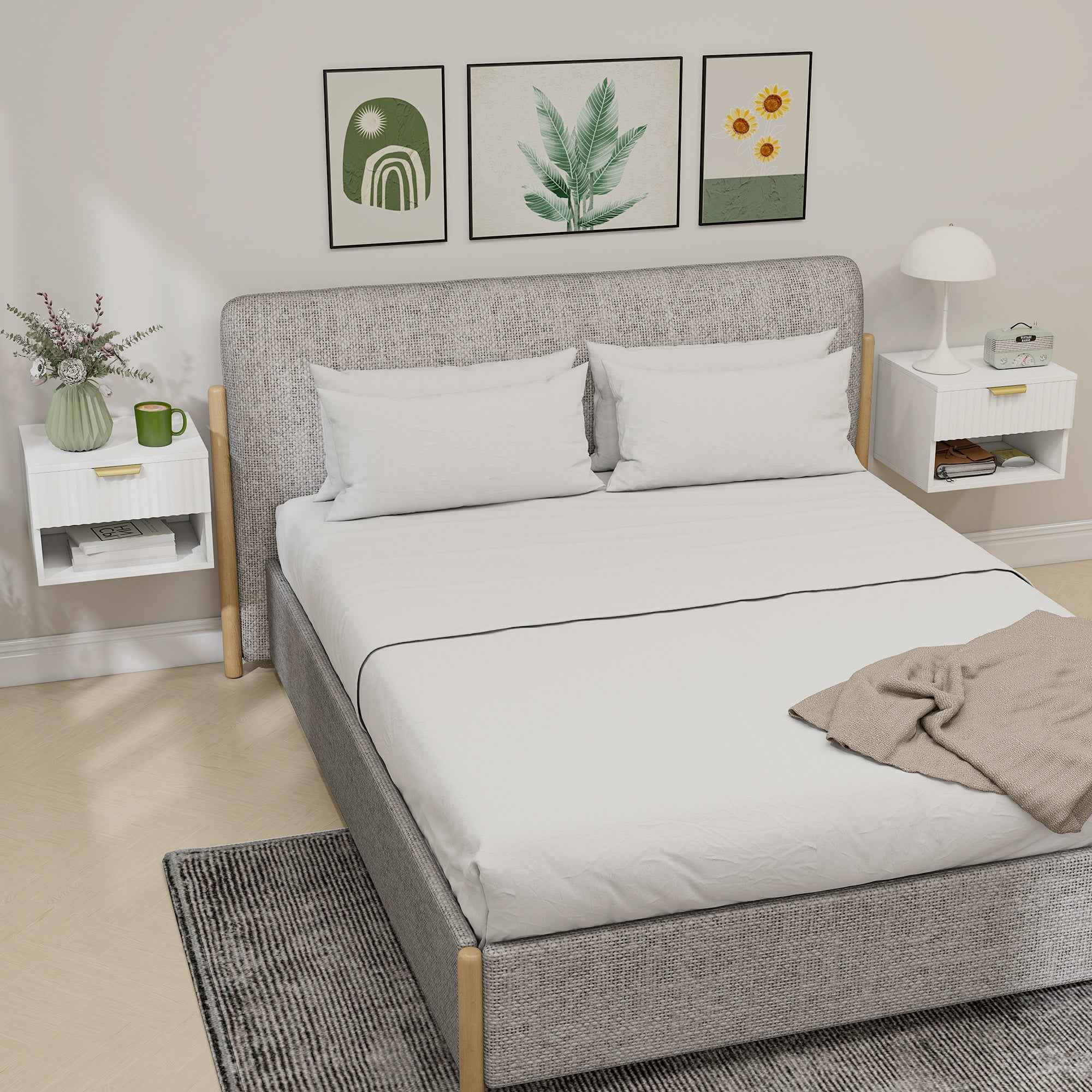 HOMCOM Set of 2 Floating Nightstands with Grooved Panels, Drawer and Shelf, 40x34x29 cm, White
