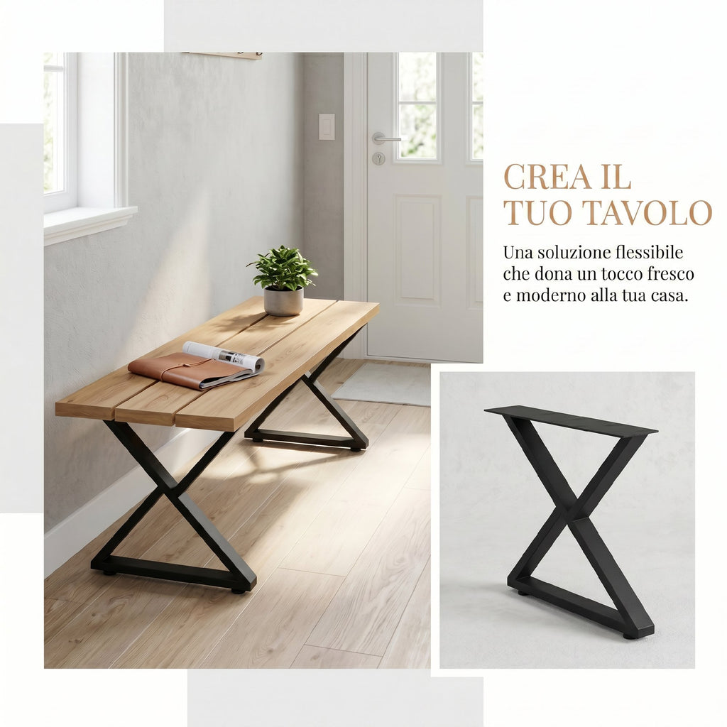 HOMCOM Set of 2 X-Shaped Steel Table Legs with 12 Screws and 4 Adjustable Feet, Industrial Style, Black