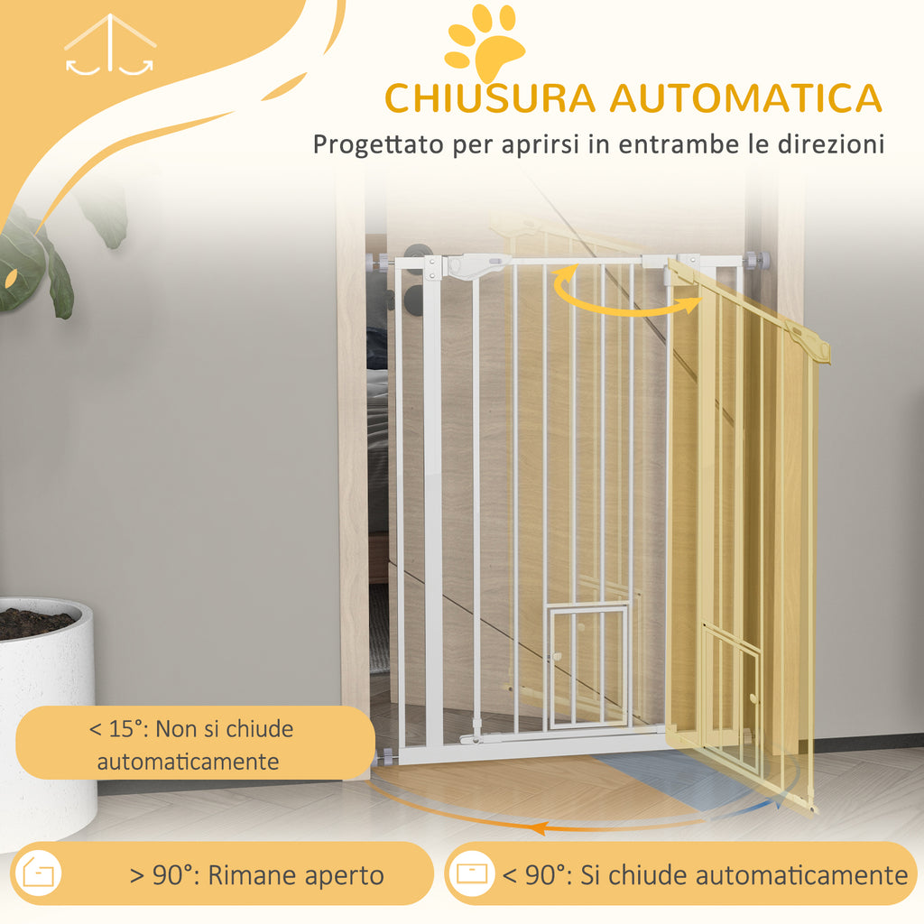 Tall Adjustable Dog Gate with Small Door and Automatic Closing, 74-80x104cm, White