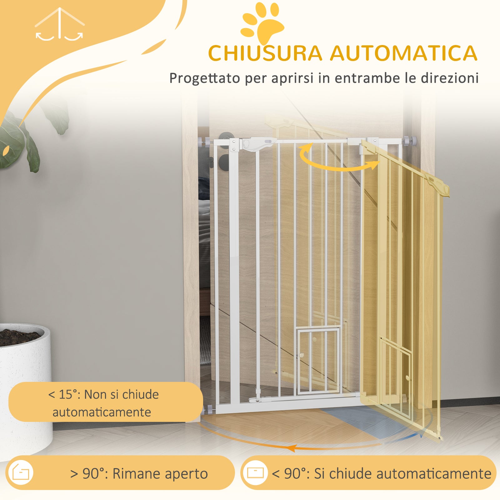 Tall Adjustable Dog Gate with Small Door and Automatic Closing, 74-80x104cm, White