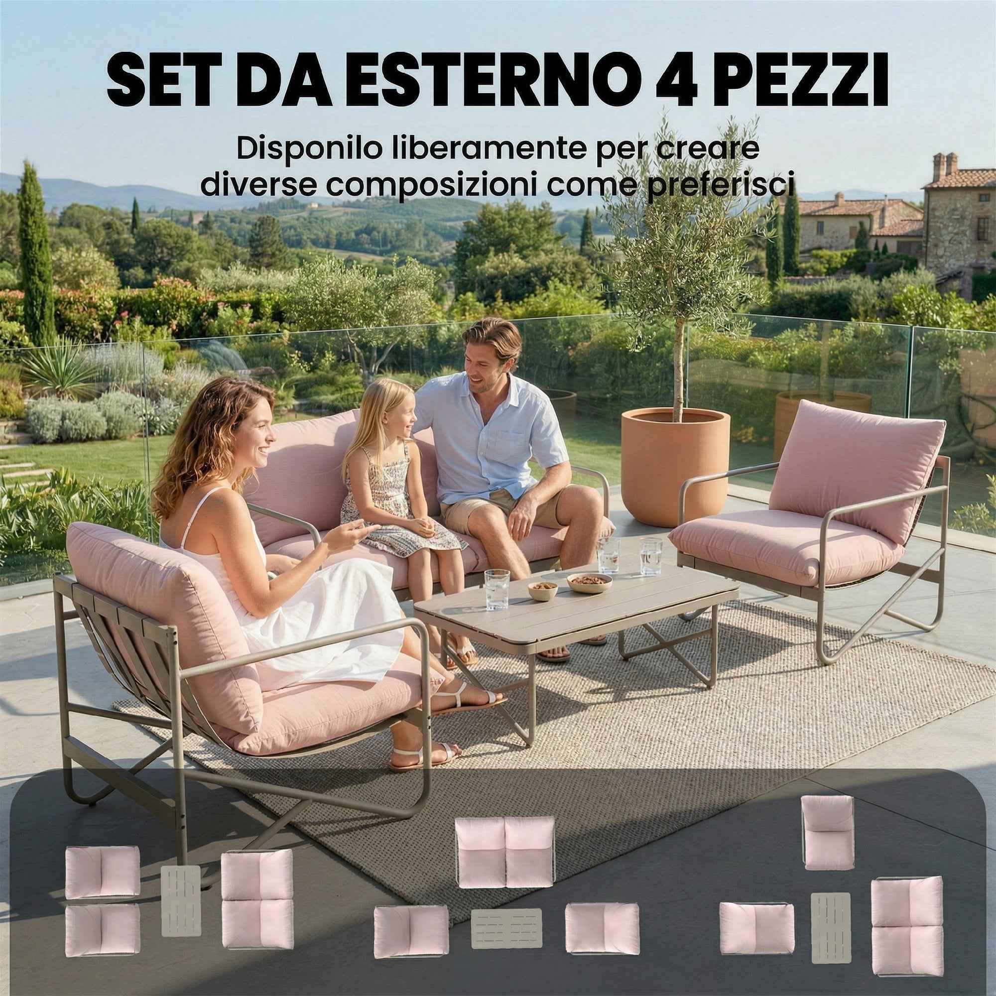 Outsunny 4-Person Garden Set: Sofa, Armchairs, Table, Metal, Pink