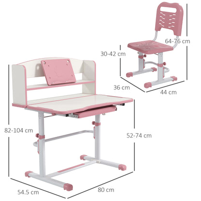 Zonekiz set for children's desk with height adjustable chair and tilting plan, age 6-12 years, pink - Borgè