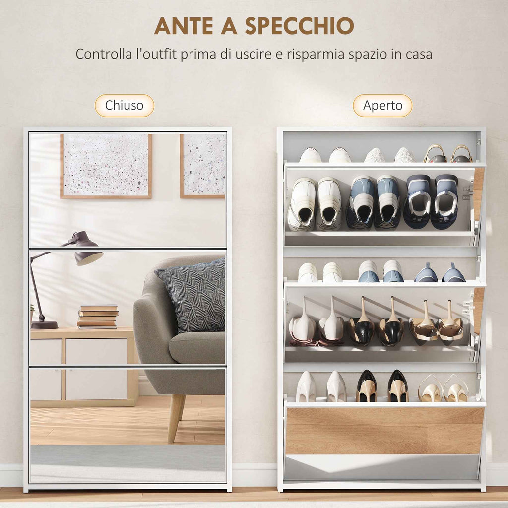 HOMCOM Mirrored Shoe Rack with 3 Flap Drawers for 9 Pairs of Shoes, Wooden, 65x17x114.5 cm, White