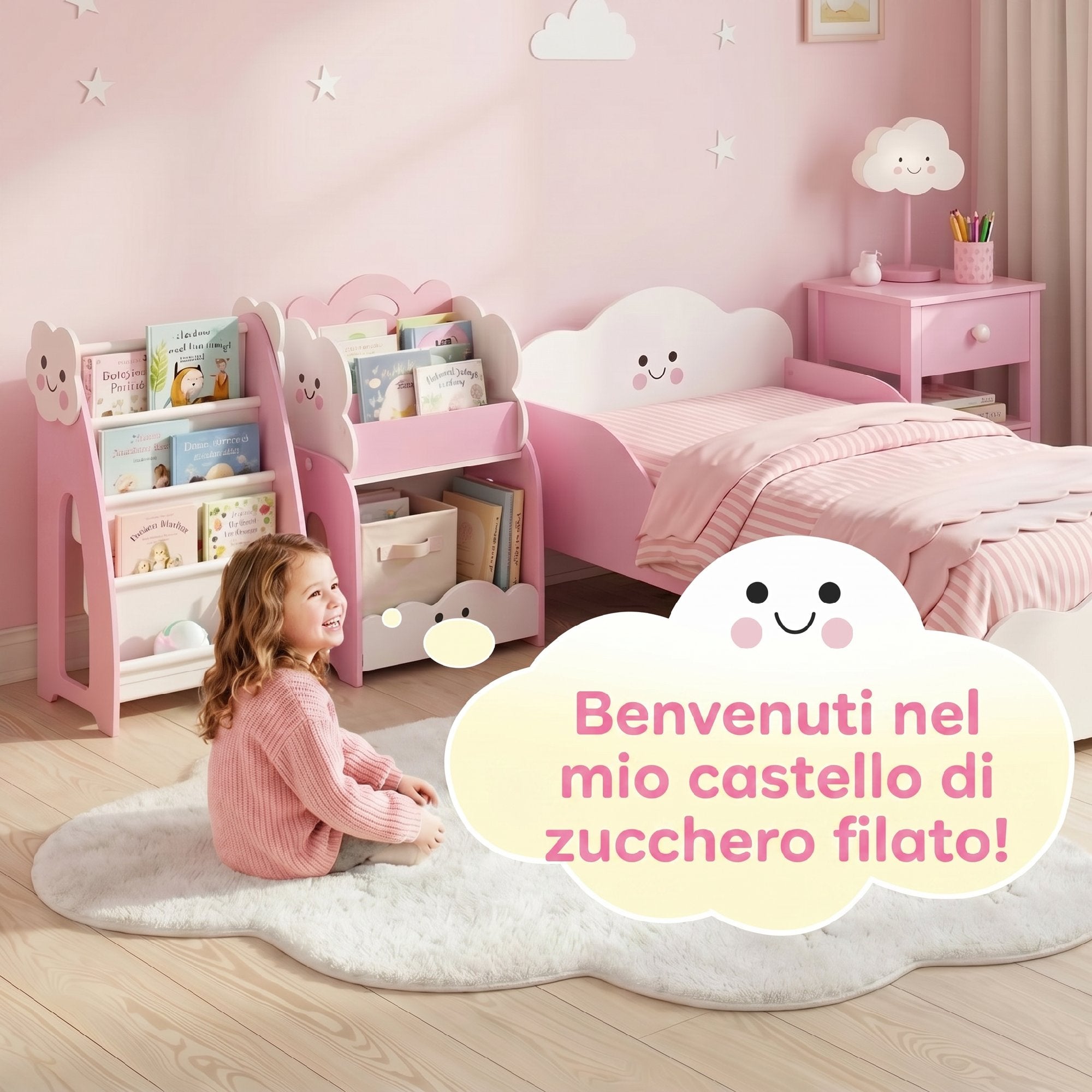 AIYAPLAY Children's Wooden Cabinet with Magazine Rack, 3-Tier Bookcase and Bedside Table, 85.5x32x72 cm, Pink and White