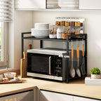 2-Tier Expandable Microwave Stand with 3 Hooks, Metal, 39.5-64x32x47.5 cm, Black