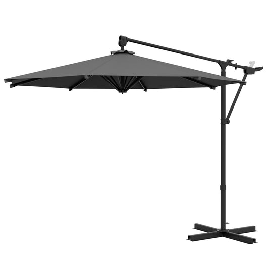 Arm Umbrella with Cross Base and Crank, in Polyester and Steel, Ø292x243 cm, Gray - Borgè