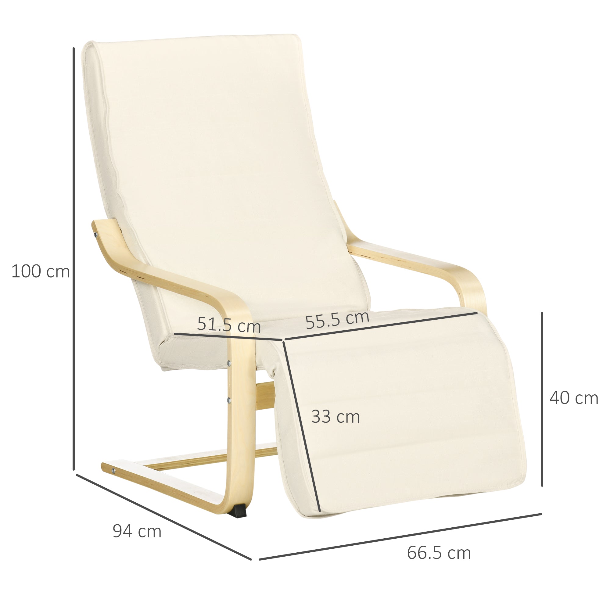 Relaxing Chair with 5-Level Footrest and Headrest, Birch Wood and Fabric, 66.5x94x100 cm, Cream