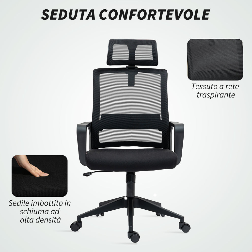 Ergonomic Office Chair with Adjustable Headrest and Height, Rocking Function and Wheels, Black
