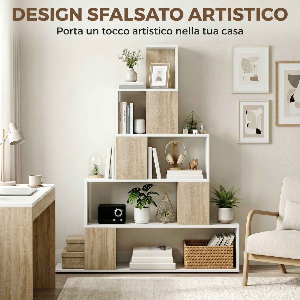 HOMCOM Modern 5-Tier Bookcase with Step Design, 120x22x131.5 cm, White and Wood
