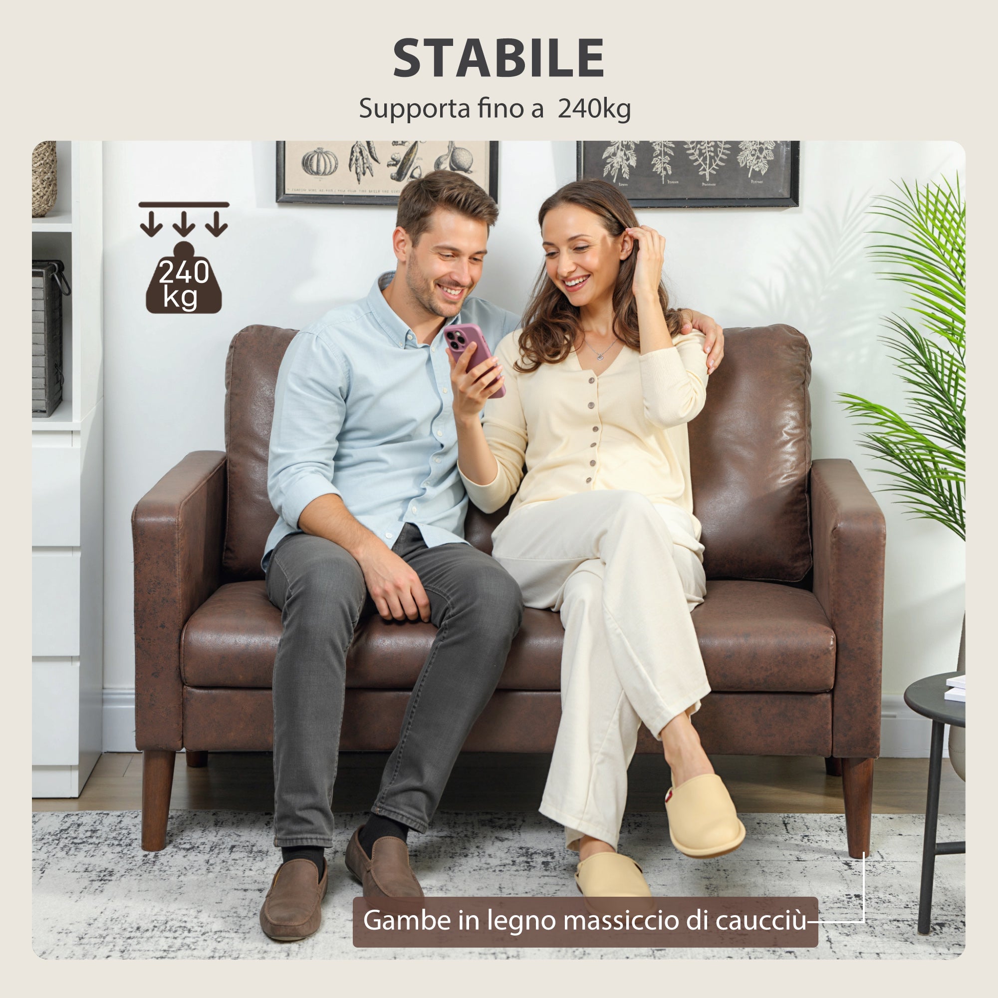 Modern 2-Seater Sofa with Breathable Leather-Effect Fabric Upholstery and Wooden Legs, 130x78x85 cm, Dark Brown