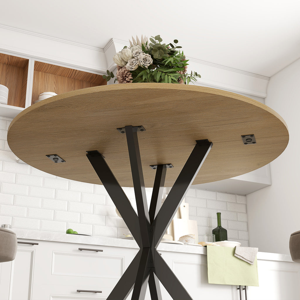 HOMCOM Industrial Style Round Dining Table with Steel Cross Legs, Ø80x75 cm, Oak Color