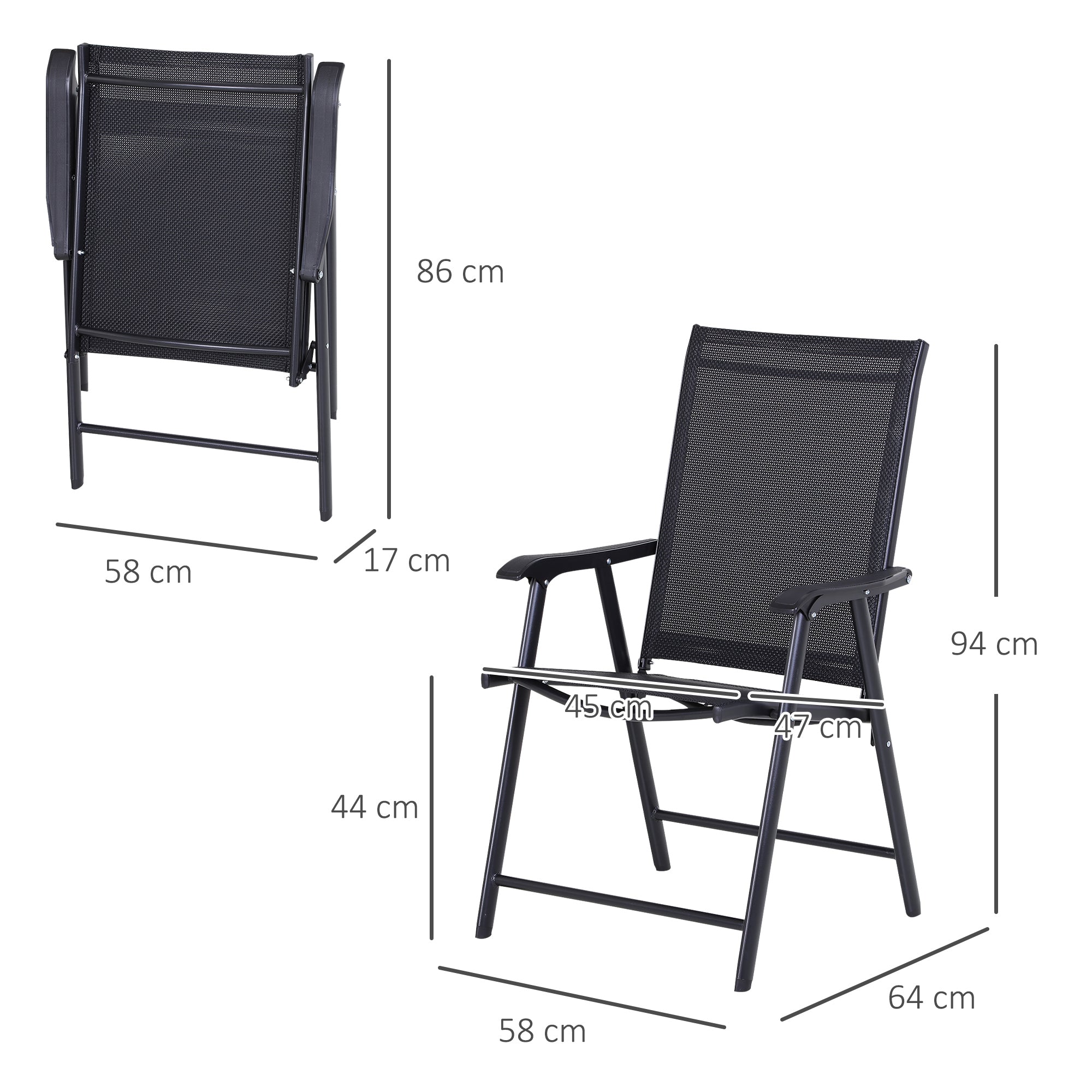 Outsunny Set of 2 Folding Garden Chairs with Metal and Texteline Armrests, 58x64x94cm, Black